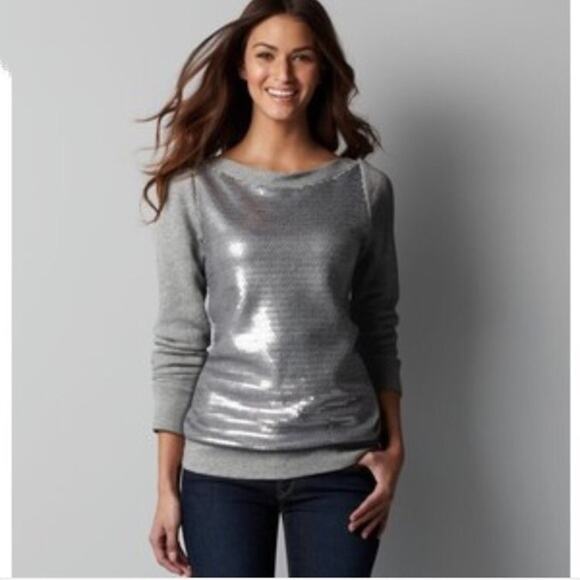 LOFT Sequined Sweatshirt Sweater Womens sz Large Gray After-Dark Sparkle Disco - Picture 2 of 8